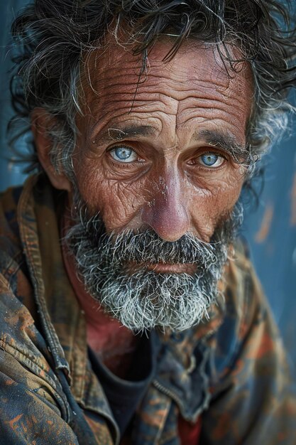 Photo portrait of a homeless beggar with a long beard and mustache