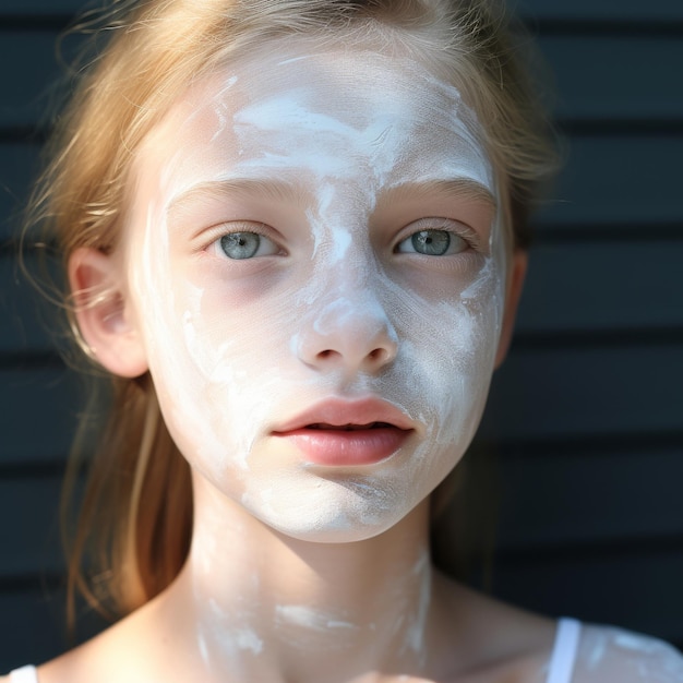 Photo portrait of a little girl with a cosmetic mask on her face