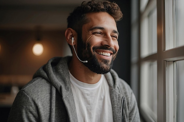 Photo portrait of man smiling while listening to music