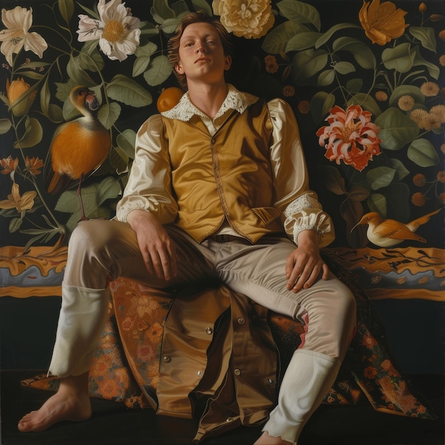 Photo portrait of a man sitting on a sofa in a room decorated with flowers