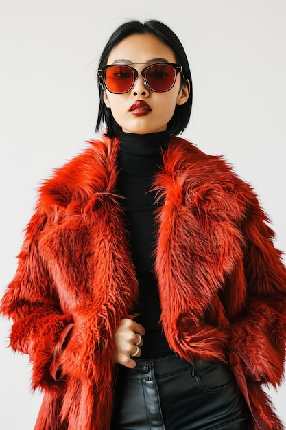 Фото Портрет красивой молодой женщины, супермодели корейской этнической принадлежности, одетой в роскошное красное меховое пальто