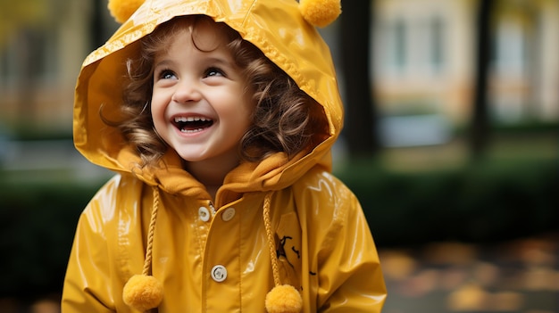 Фото Портрет улыбающегося маленького мальчика в плаще и капюшоне