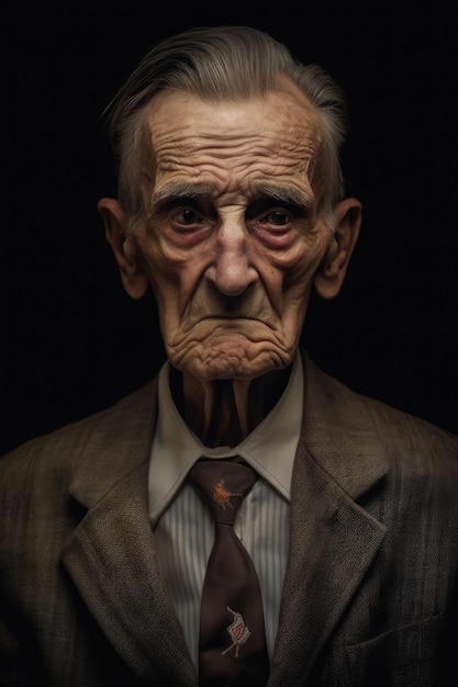 Portrait of sad old man on black background created using generative ai technology