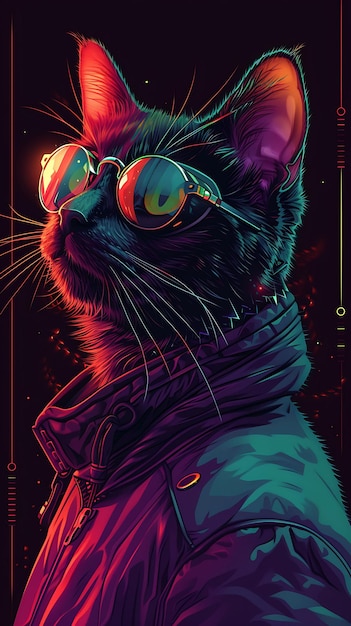 Портрет сиамской кошки с неоновой кожаный курткой с коленчатым воротником и Goggl Cyber Poster Banner Flyer