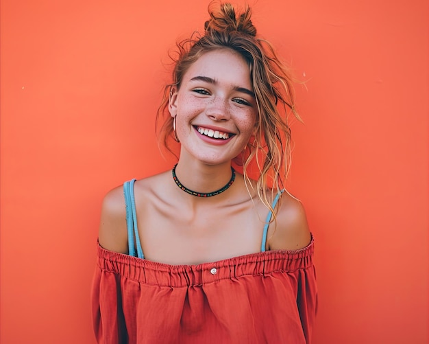 Photo portrait of a smiling young woman against an orange background