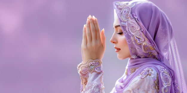 Портрет мусульманской бизнесменки с уверенной в себе личностью, улыбающейся и поднимающей руку, чтобы выразить свое мнение на мягком фиолетовом фоне