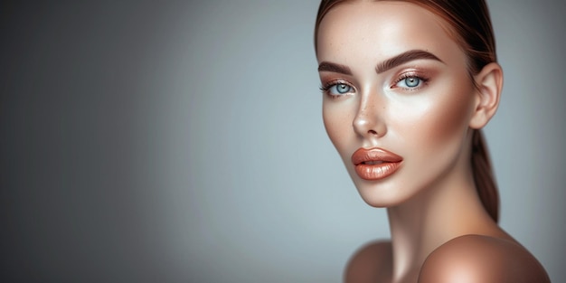 Портрет красивой женщины с профессиональным макияжем на сером фонеMacroAI Generative