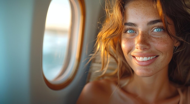 Портрет счастливой красивой молодой женщины, глядящей через окно в самолете.