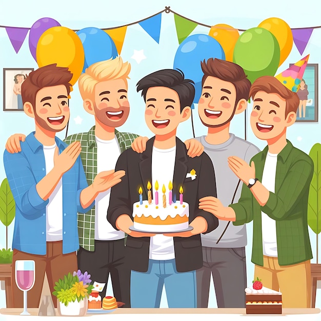 плакат группы мужчин, отмечающих день рождения с тортом и тортом дня рождения со словами "мужчины" на нем