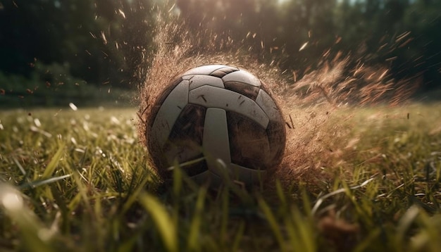 Фото Игра в футбол на мокрой траве, пинающая кожаную сферу, к успеху, созданному ии