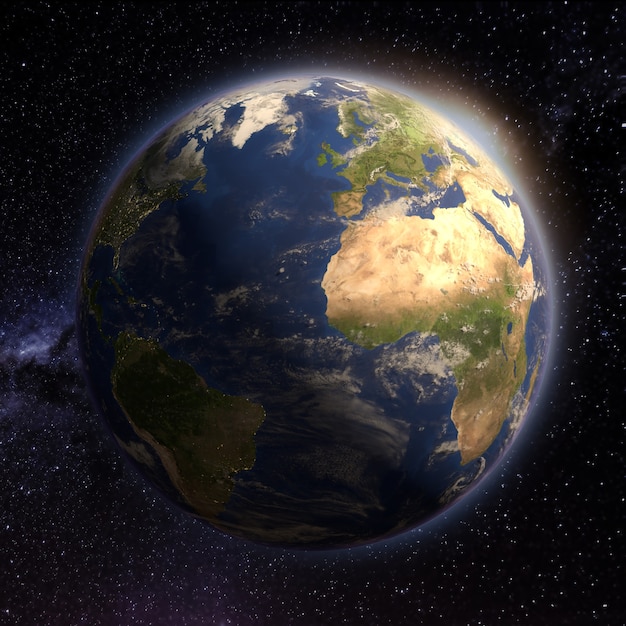 Фото Планета земля на звездном фоне мир с млечным путем реалистичная модель в 3d-рендеринге
