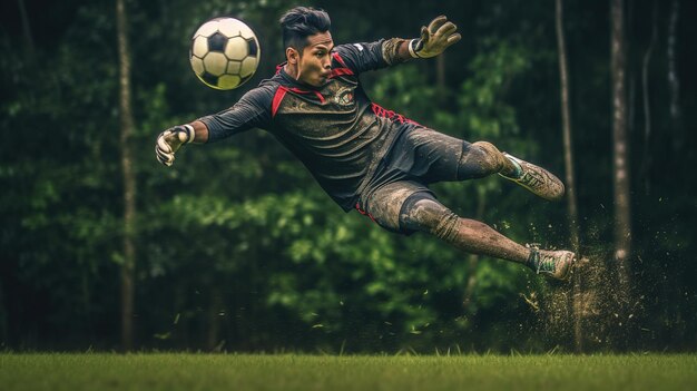 Foto professionele voetbal voetballer training geïsoleerd op gradiënt blauw roze achtergrond