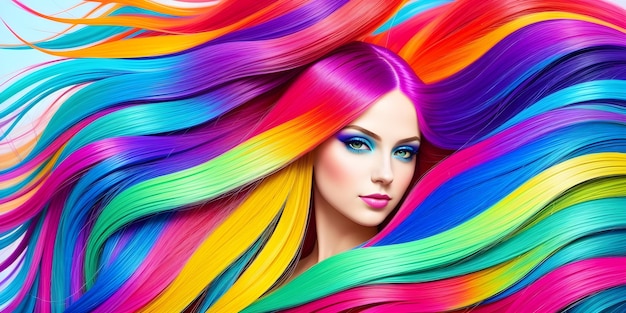 Photo pretty girl with colorful hair young woman with bright makeup and rainbow dyed hairstyle female face on background of colored fluttering curls professional haircut and coloring generative ai
