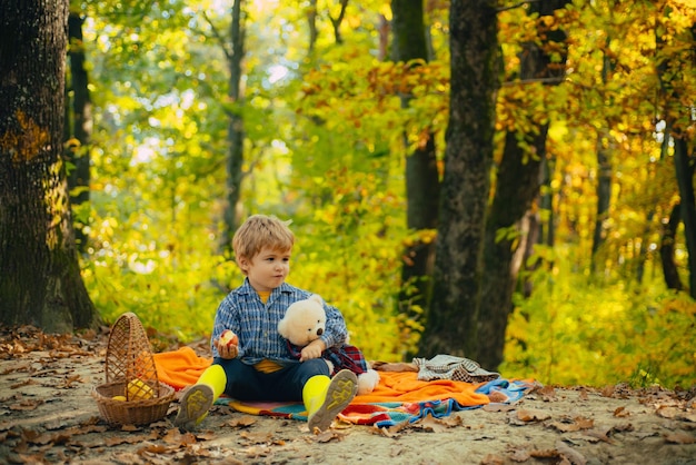 Симпатичный маленький мальчик отдыхает на фоне красоты осеннего пейзажа Весело гуляет в осеннем парке Baby