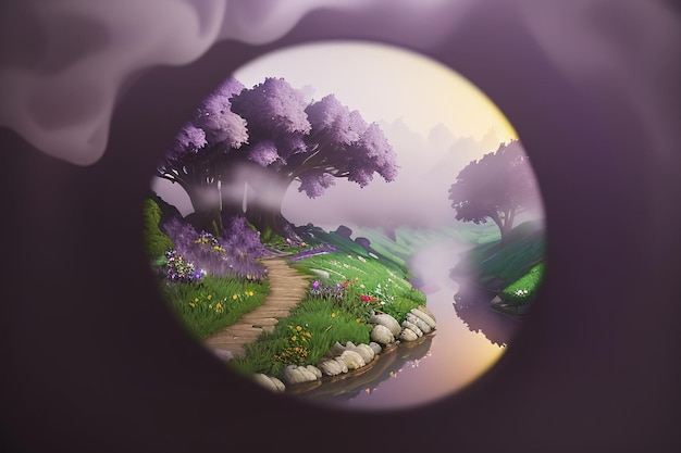 Фото Фиолетовый фон китайский акварель пейзаж иллюстрация горная река трава аниме обои