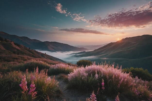Photo a purple flowered landscape with mountains in the background