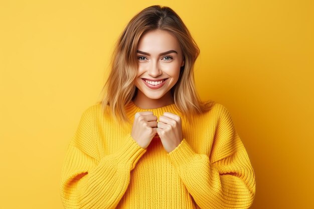 Фото Яркая молодая девушка обнимает любовь сердечными жестами в ярком желтом свитере
