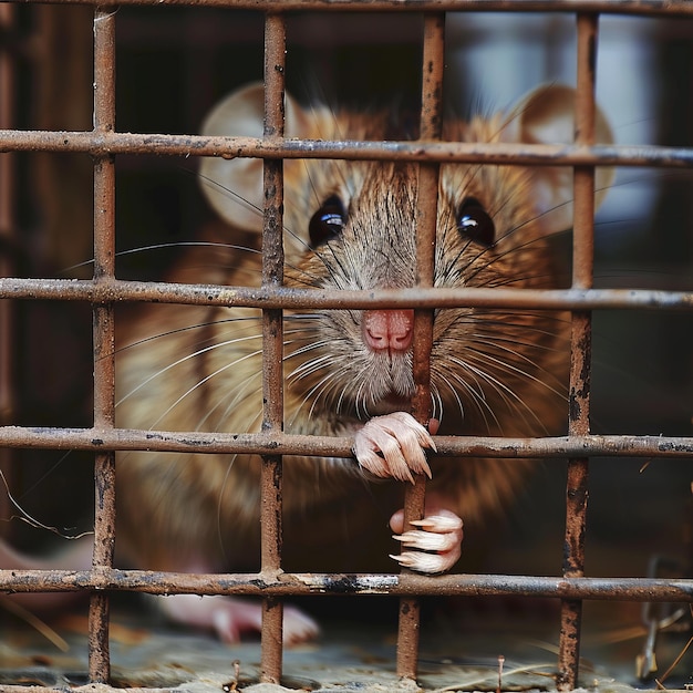 Photo rat in a cage symbol of the new year 2020 closeup