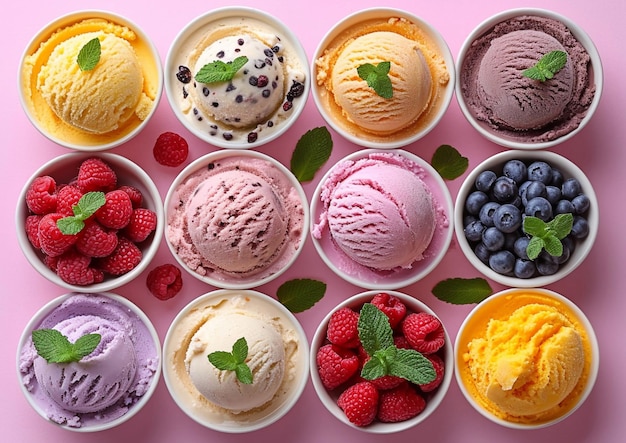 Разнообразное вкусное мороженое в керамической чаше с ягодами и фруктамиTop viewAI Generative