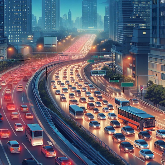 Foto illustrazione realistica delle strade della città affollate di traffico di notte