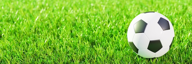 Foto realistisch voetbal of voetbal basispatroon op groen grasveld met zonlicht en zonneschijn