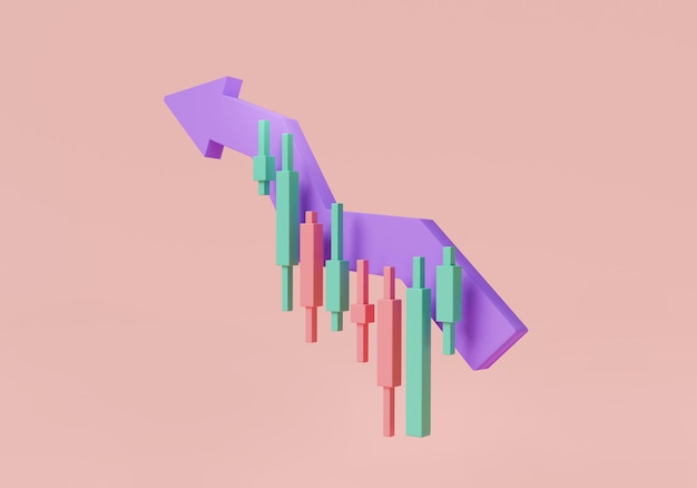 Фото График красных и зеленых свечей с фиолетовой восходящей стрелкой тенденция графика торговля акциями и форекс диаграмма фондового рынка онлайн-торговля концепция растущего финансового индекса 3d иллюстрация рендеринга значка