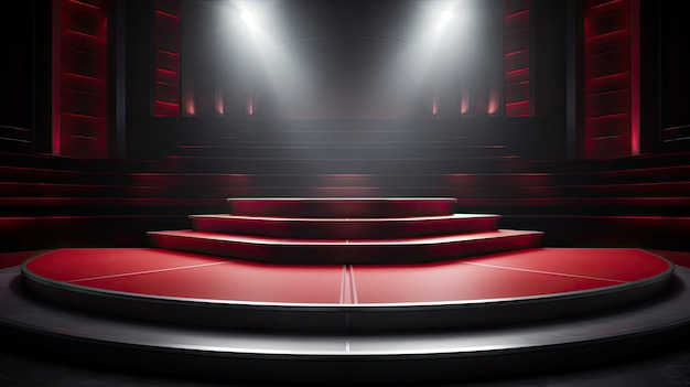 красный зрительный зал с красной сценой и прожектором с левой стороны.