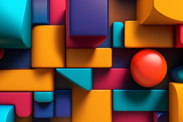 A red ball is among the cubes in this colorful background.