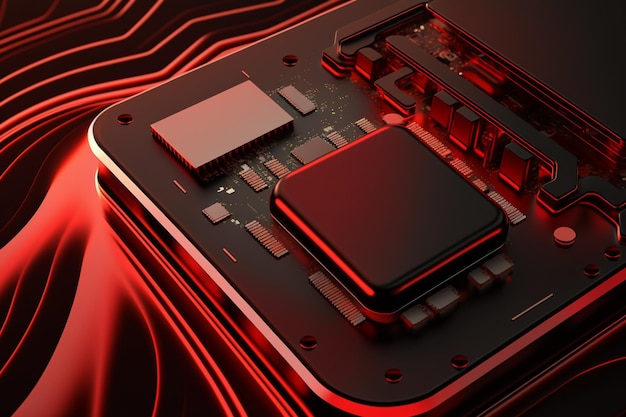 黒い CPU を搭載した赤と黒のラップトップ。
