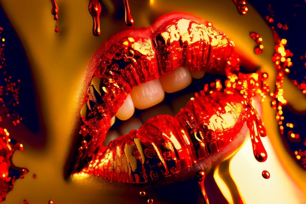 Фото Красные губы с золотой жидкостью generative aixa