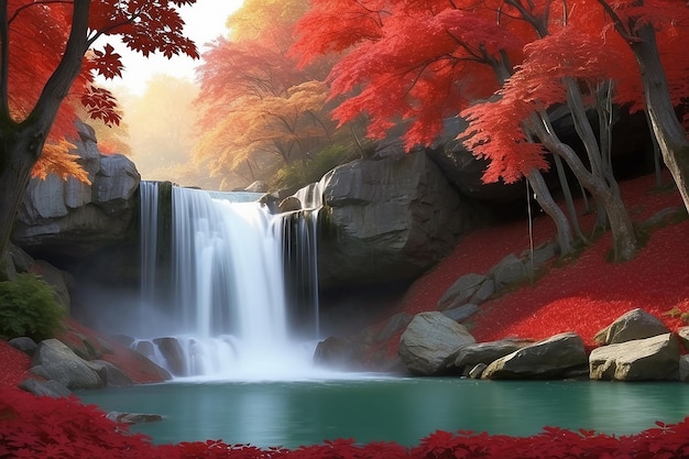 Photo the red maples leaves and beautiful waterfall hd 1080p