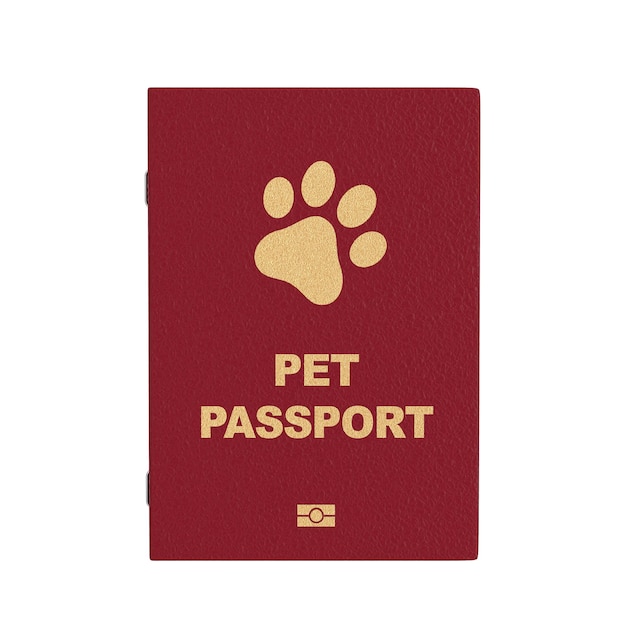Red Pet Passport Document or Dog and Cat Transportation Certificate with Golden Paw on Cover 3d Rendering