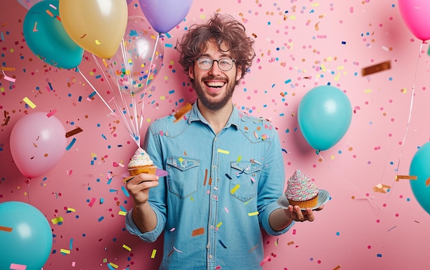 Расслабленный счастливый парень с днем рождения выглядит веселым, улыбается и держит торт и воздушные шары.