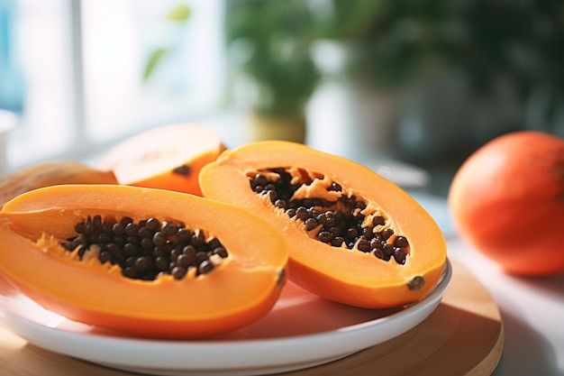 Ripe papaya on white plate selective focus