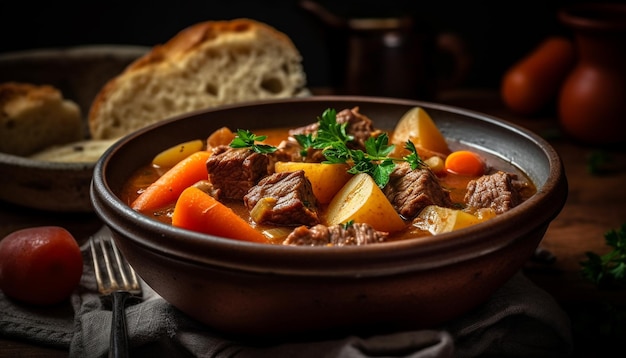 Rustic beef stew served in crockery bowl generated by AI