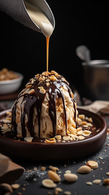 Скорпион кремового мечтательного арахисового масла мороженого с капелькой шоколадного соуса декадентское удовольствие