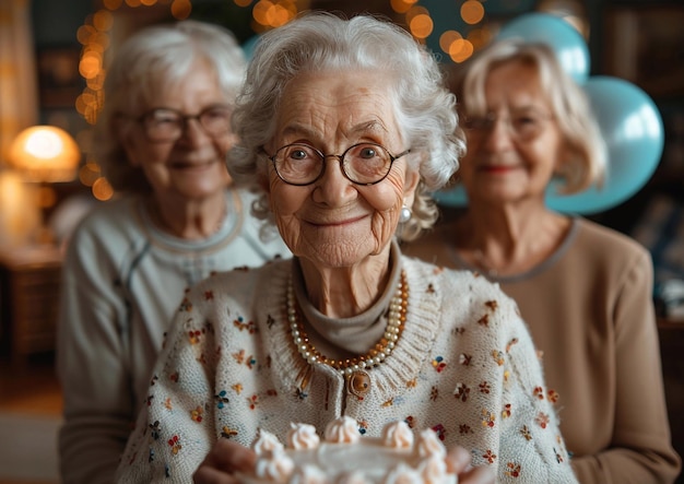 Счастливая старшая леди празднует день рождения с друзьями с тортом и шариками