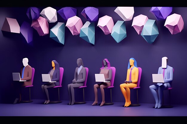Сцена людей, сидящих на стульях с фиолетовыми и фиолетовыми треугольниками, свисающими с потолка.
