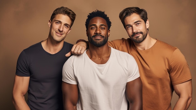 Foto schoonheid multi-etnische groep mannen met verschillende soorten huid samen tegen een beige achtergrond gemaakt met generatieve ai-technologie