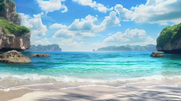 Фото Песчаный пляж песчаная скала море природа солнце загорать отдохнуть зонтик купальник лето водяные гальки палуба стул люди отдых раковина берег сгенерированный ии