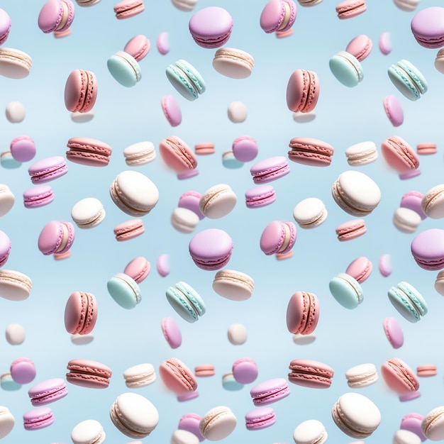 Photo seamless pattern with flying delicious macaroons