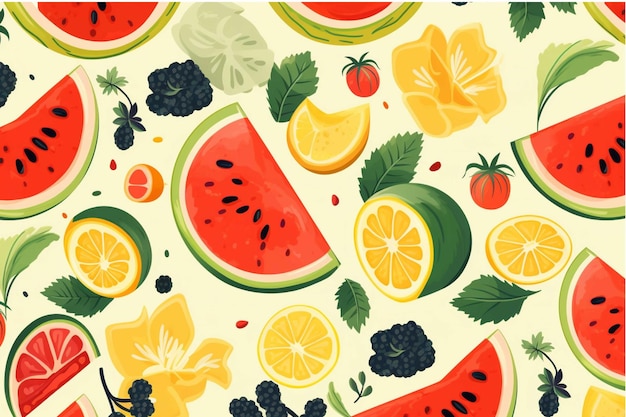 Photo seamless pattern with watermelons berries and flowers