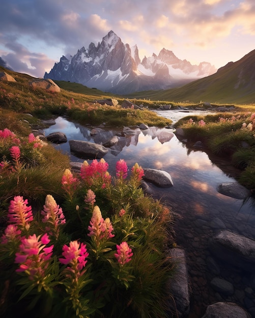 Фото Спокойный закат в горном пейзаже пейзаж с цветами восход солнца в горах
