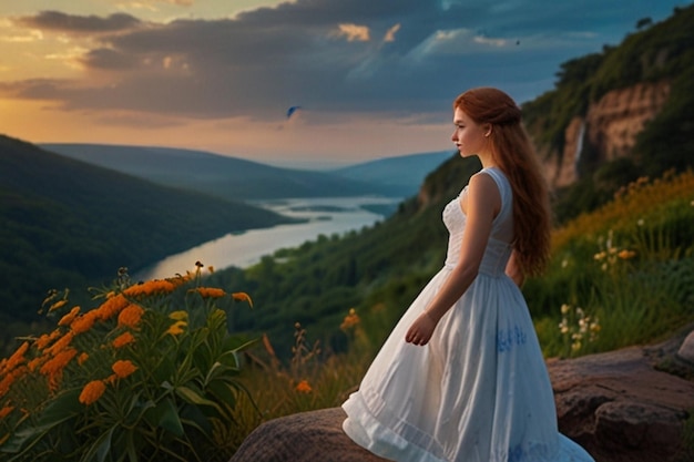 Фото Спокойная женщина с видом на живой пейзаж на закате
