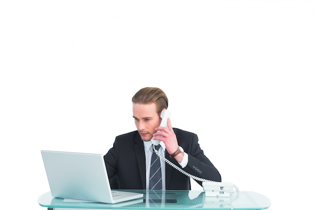 Serious businessman using laptop while phoning