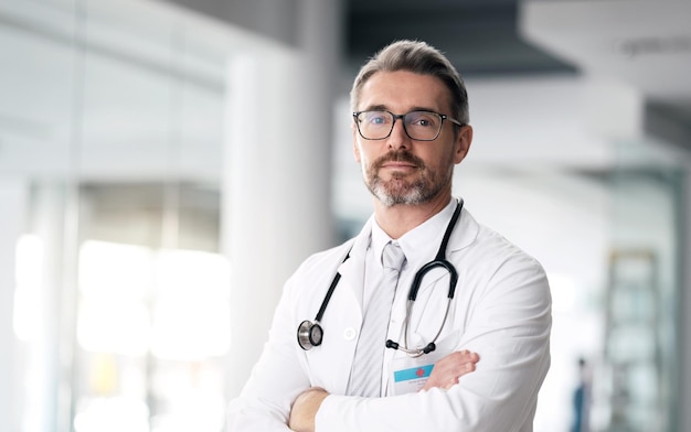 Photo serious doctor portrait and man with arms crossed in hospital for healthcare wellness or career face medical professional and confident surgeon expert and mature employee in glasses in canada