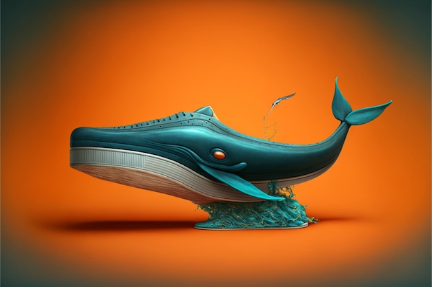 Shoe shaped like a whale on an orange background generative ai