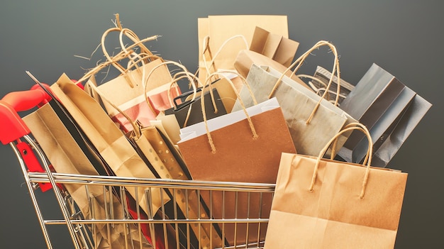 Photo a shopping cart overflowing with paper shopping bags in front of a grey background