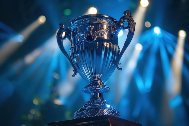Фото Блестящий серебряный трофей светится на сцене под голубыми огнями и прожекторами, символизирующими победу, успех и достижения.