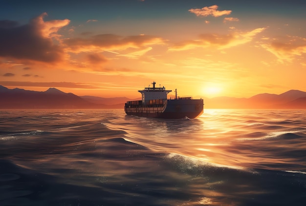 Корабль в океане на фоне заката